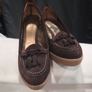 LOFT Brown Suede Tassel Wedge Loafers 9Ma Dark Academia Quiet Luxury Office Chic